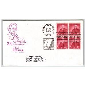 Scott #1071 1958 Noah Webster 4c Stamp First Day Cover FDC West Hartford